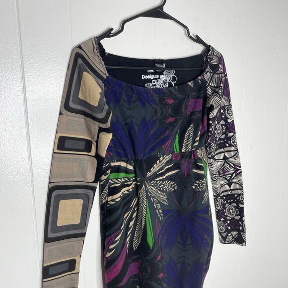 Desigual Bodycon Mini Dress S Long Sleeve Graphic Y2K Artsy Boho Streetwear - Picture 3 of 10